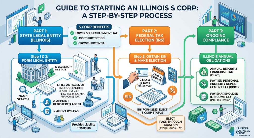S corp illinois infographic showing the 3-step process: forming the state legal entity, electing S corp status with IRS Form 2553, and ongoing compliance like annual report, franchise tax, and PPRT