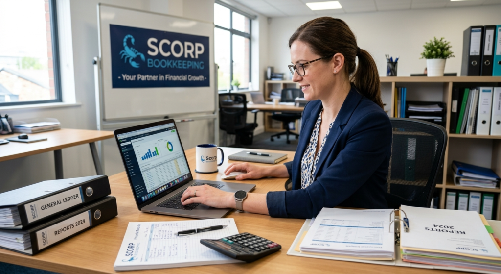 A professional bookkeeper sitting at a modern office desk working on a laptop displaying financial charts and software. In the background, a banner displays the company logo for "S corp Bookkeeping" with a scorpion icon