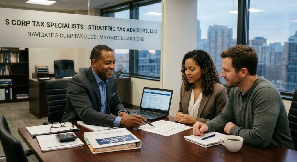 Tax advisor for S Corp consulting small business owners during a corporate tax planning session.