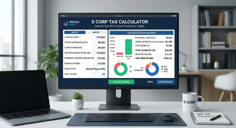 S Corp tax calculator displaying LLC vs S Corporation self-employment tax savings, reasonable salary inputs, and net income breakdown.